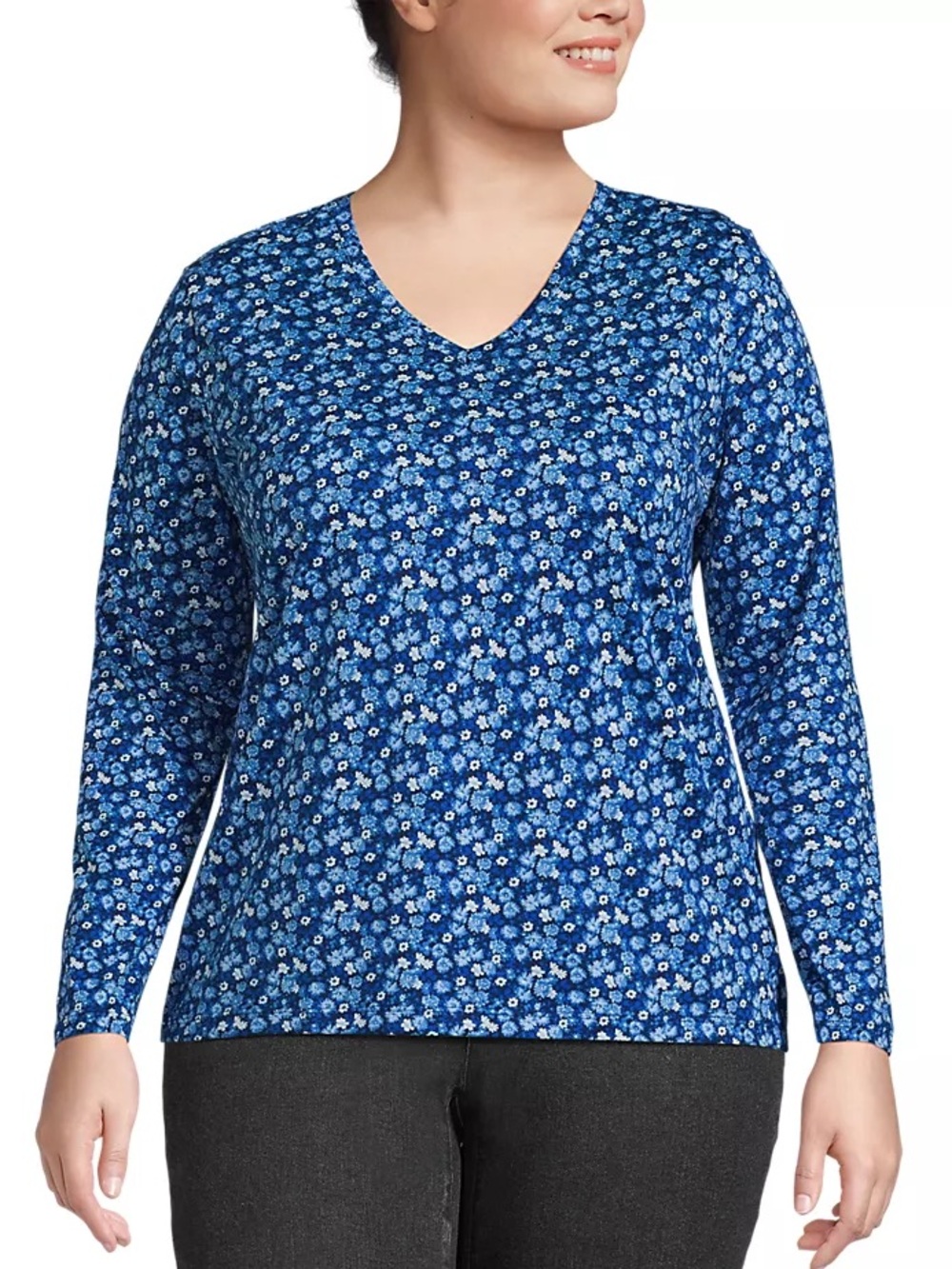 *NWOT* Land's End Supima Cotton Relaxed L/S V-Neck T-Shirt - Deep Blue Floral-1X